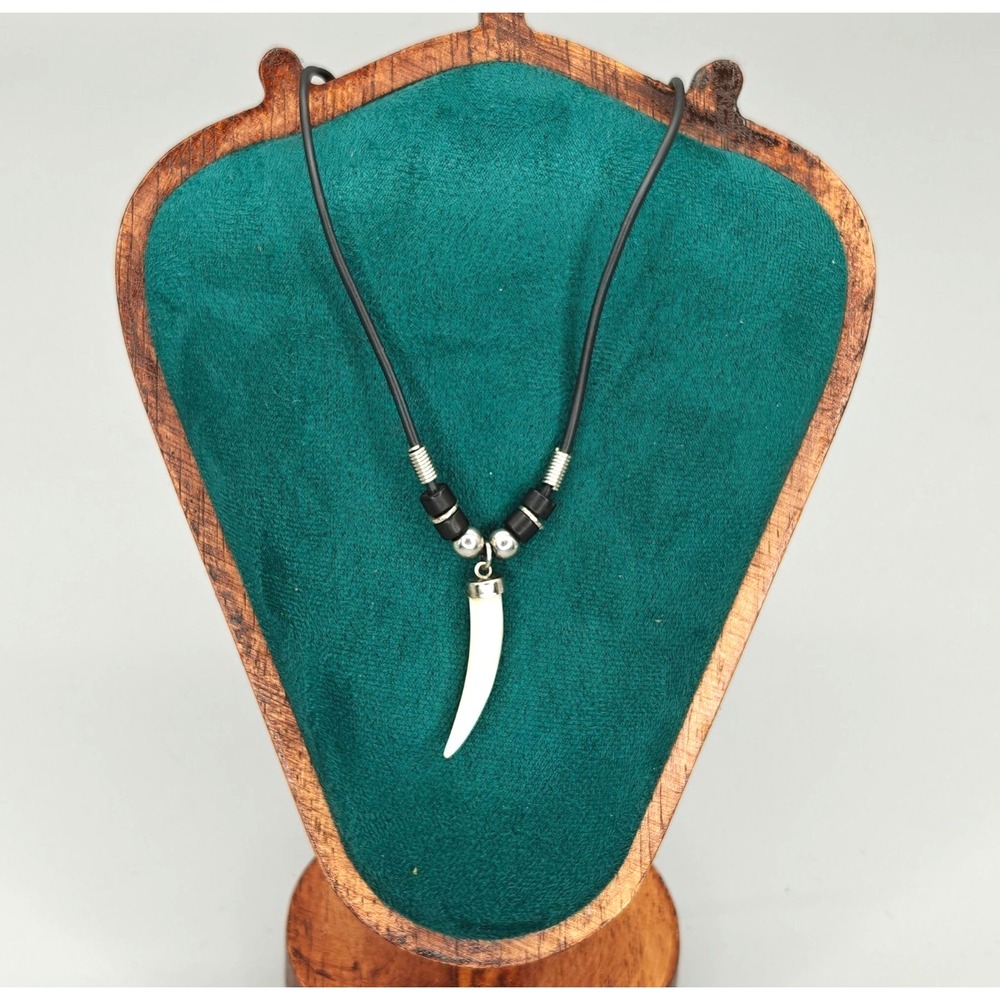 Mother of Pearl Horn Pendant Black Cord Necklace 18.5" Boho Beach Shell Jewelry